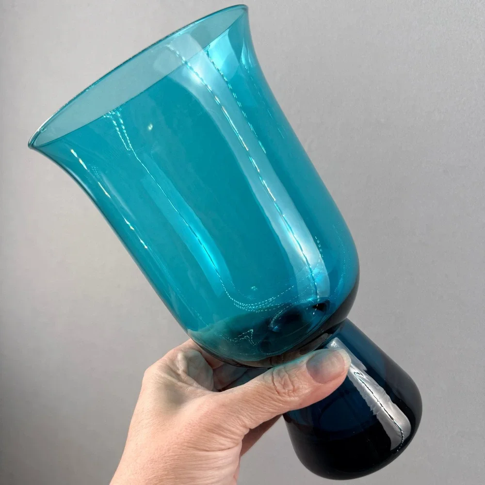 Vtg Morgantown Glass‎ Peacock Blue Carleen Hurricane Vase MCM Smooth 9